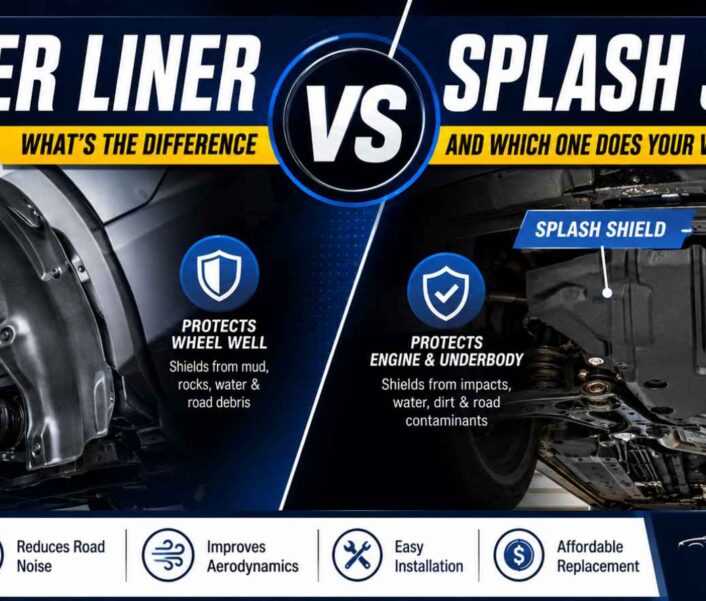 Fender liner vs engine splash shield comparison showing wheel well liner and underbody engine cover on a passenger vehicle.